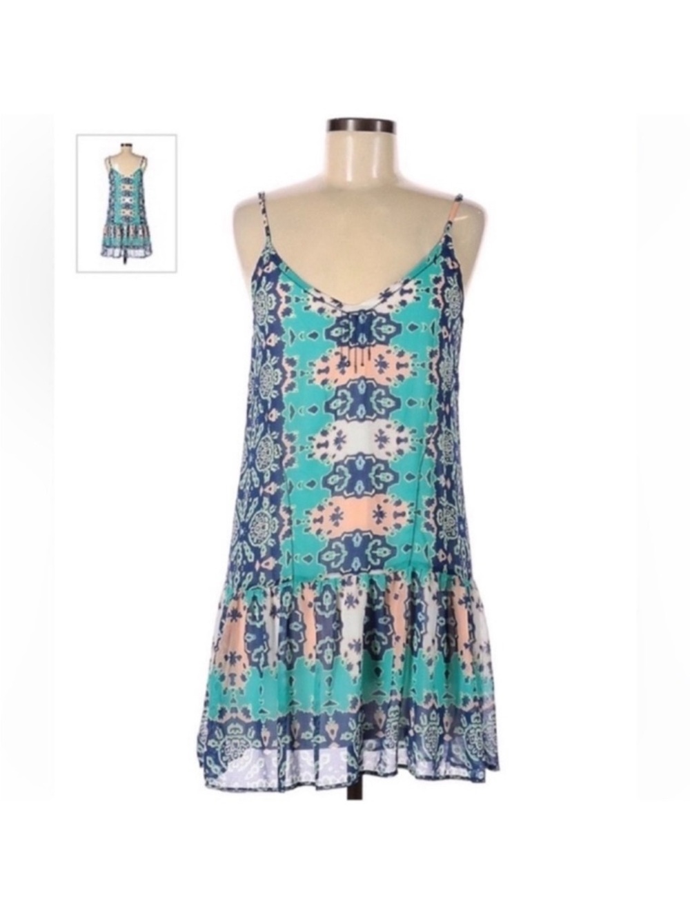 Saks Fifth Avenue Boho Chiffon Strap V neck Mini Dress Sz M Partially Lined